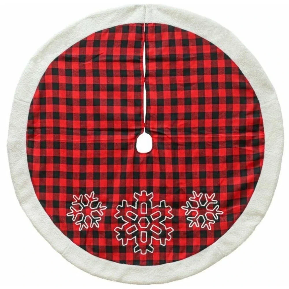 Red Black Buffalo Plaid Tree Skirt Snowflake Trim Christmas Holiday Decor‎